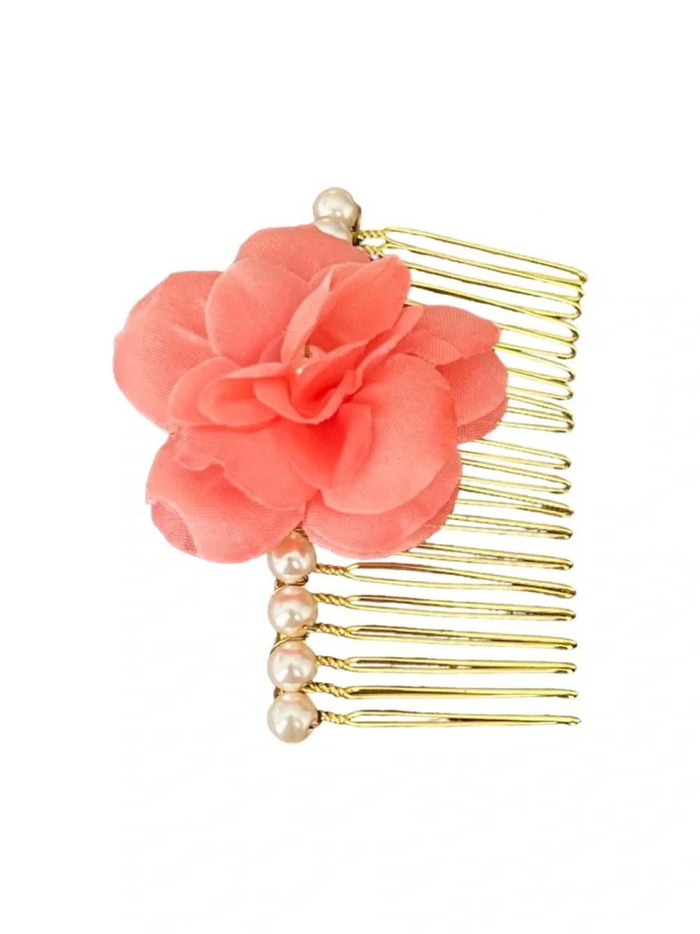 Gold Hair Comb with Coral Fabric Flower and Pearls FINAL PRICE DROP
